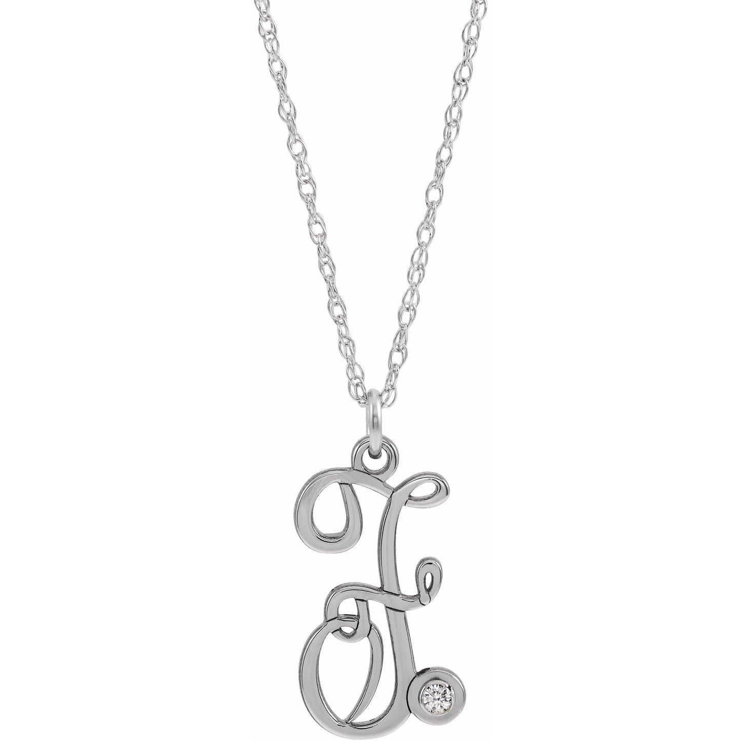 14K White .02 CT Diamond Script Initial F 16-18 Necklace