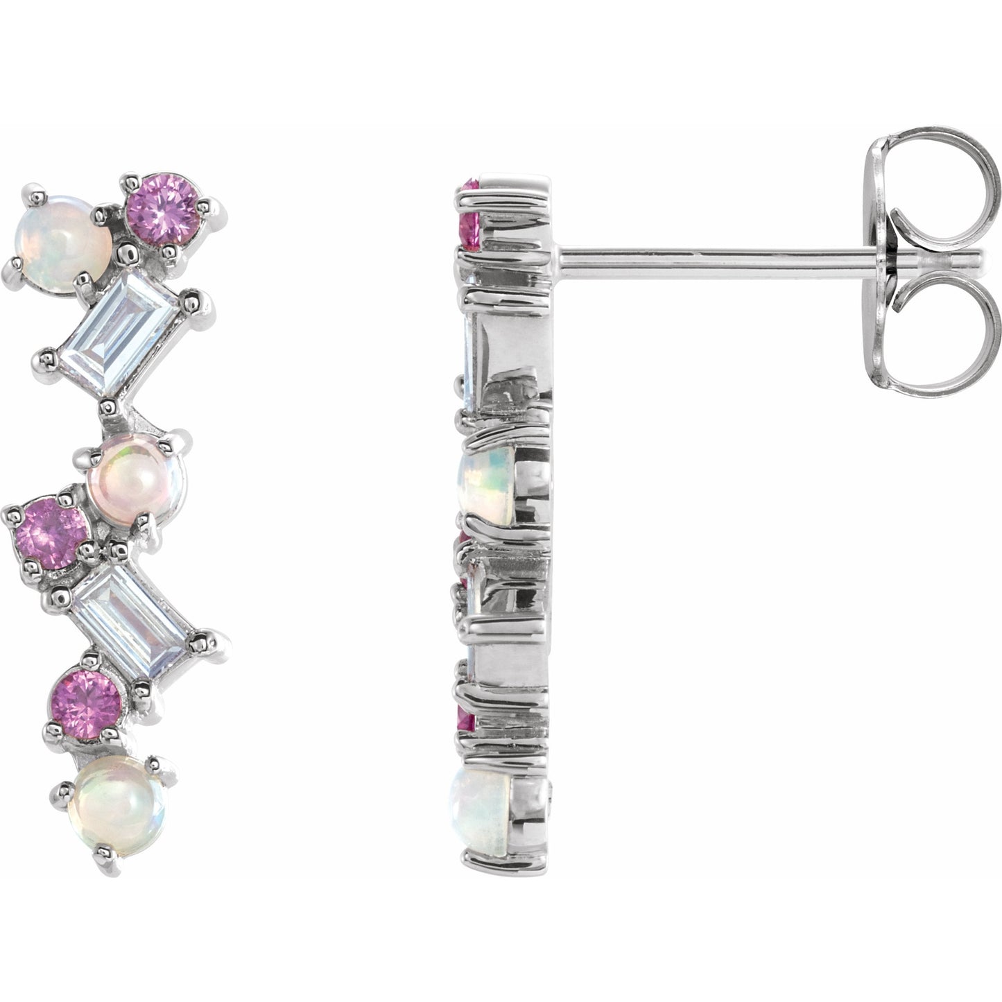 14K White Ethiopian Opal, Pink Sapphire & 1/10 CTW Diamond Scattered Bar Earrings