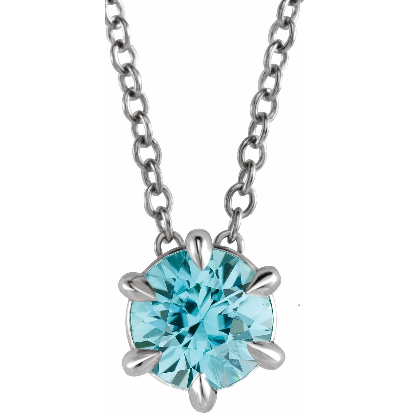 14K White Round 5 mm Blue Zircon Solitaire 16-18 Necklace