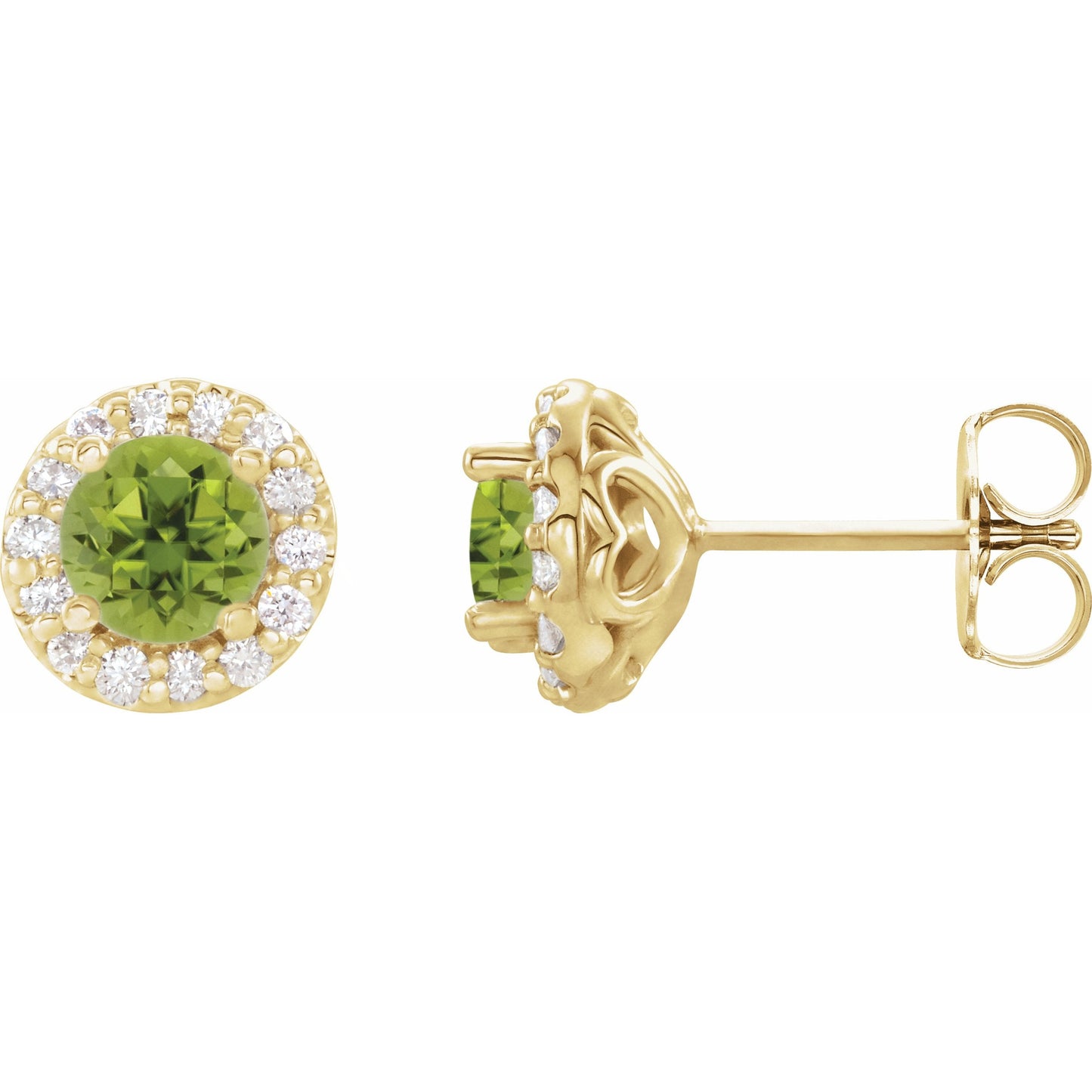 14K Yellow 4 mm Round Peridot & 1/8 Diamond Earrings