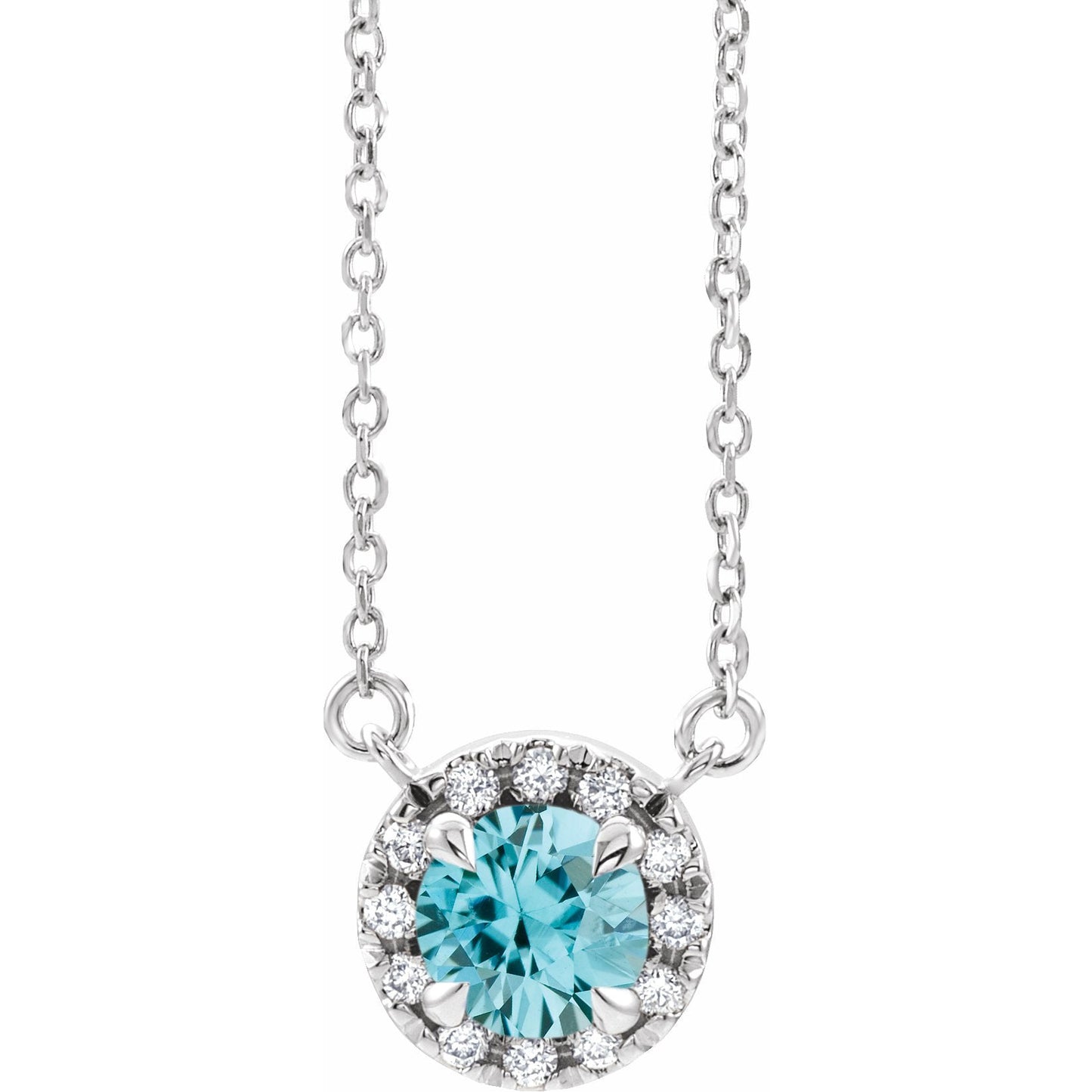 14K White 6 mm Round Blue Zircon & 1/5 CTW Diamond 16 Necklace