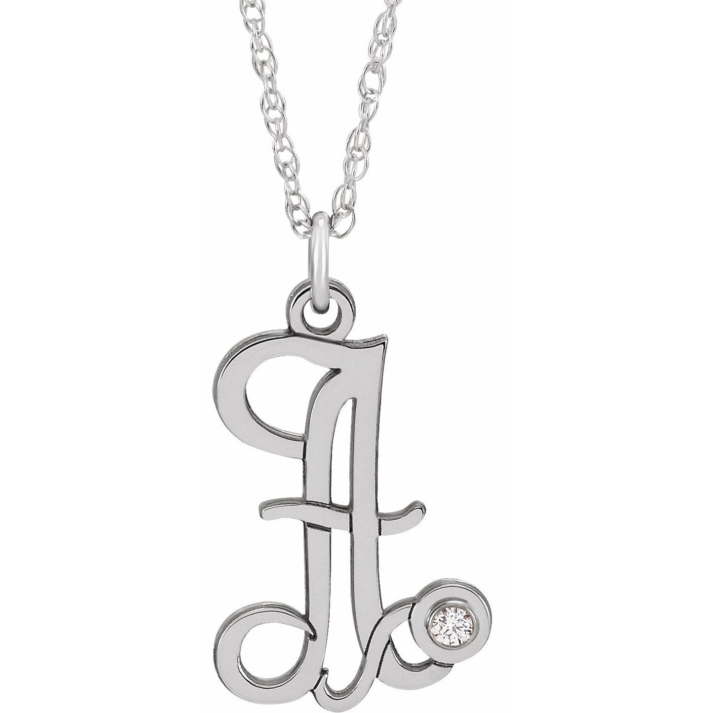 14K White .02 CT Diamond Script Initial A 16-18 Necklace