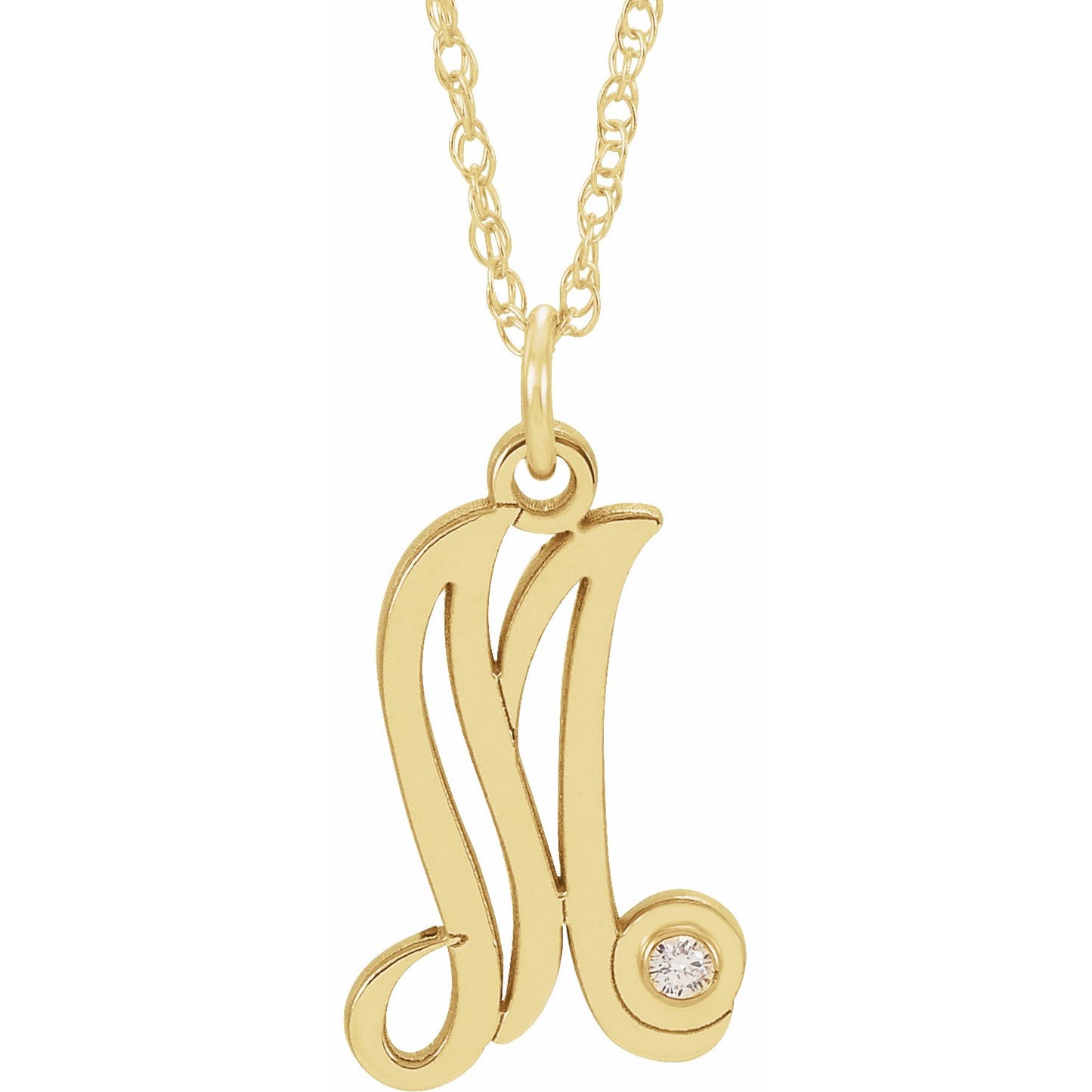 14K Yellow Gold-Plated .02 CT Diamond Script Initial M 16-18 Necklace