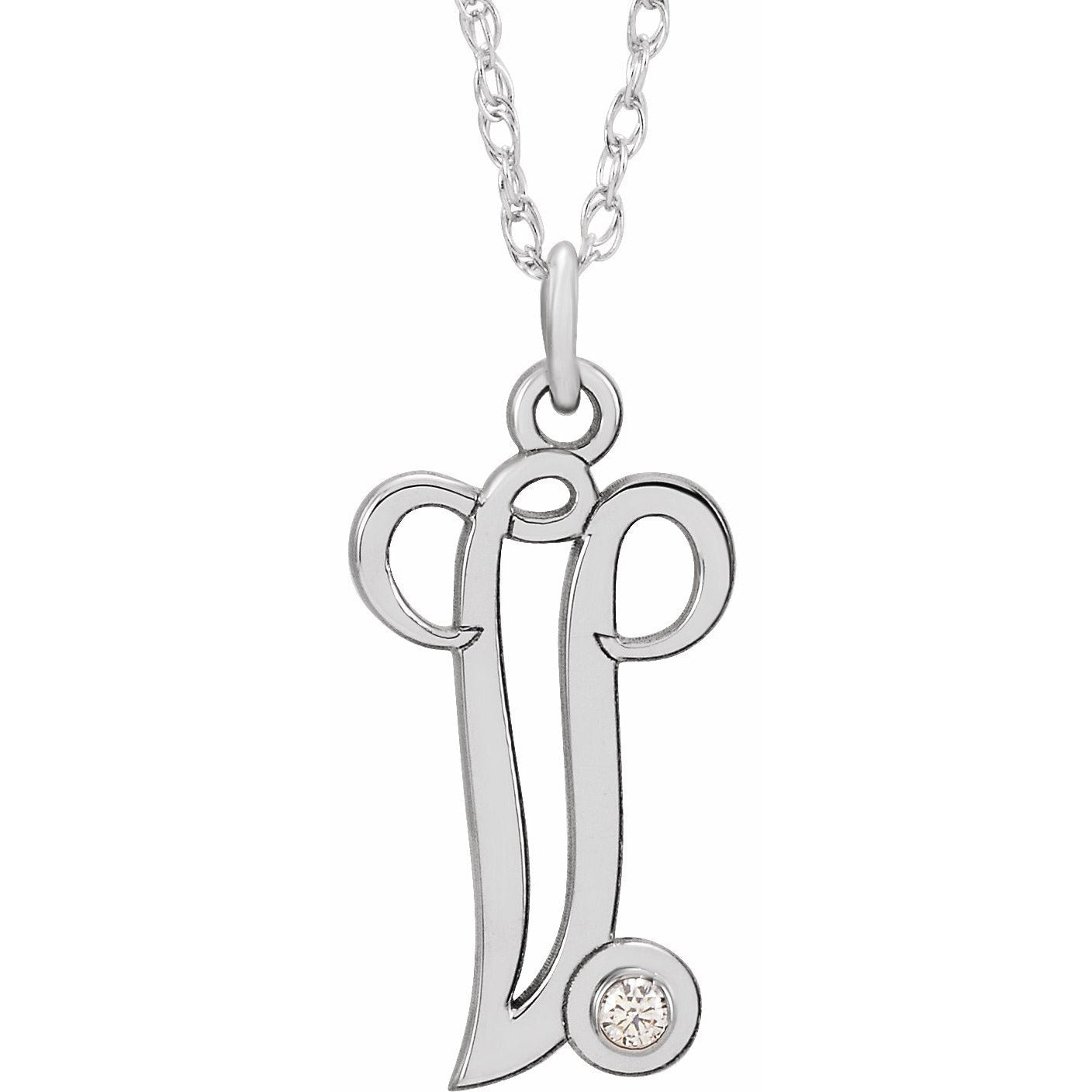 14K White .02 CT Diamond Script Initial V 16-18 Necklace