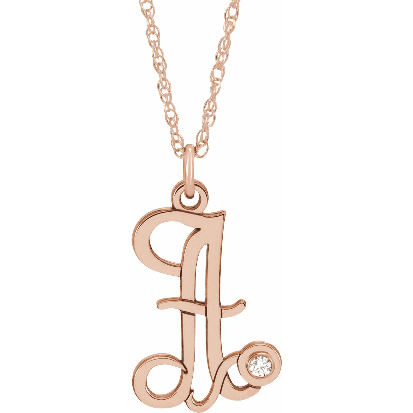 14K Rose .02 CT Diamond Script Initial A 16-18 Necklace