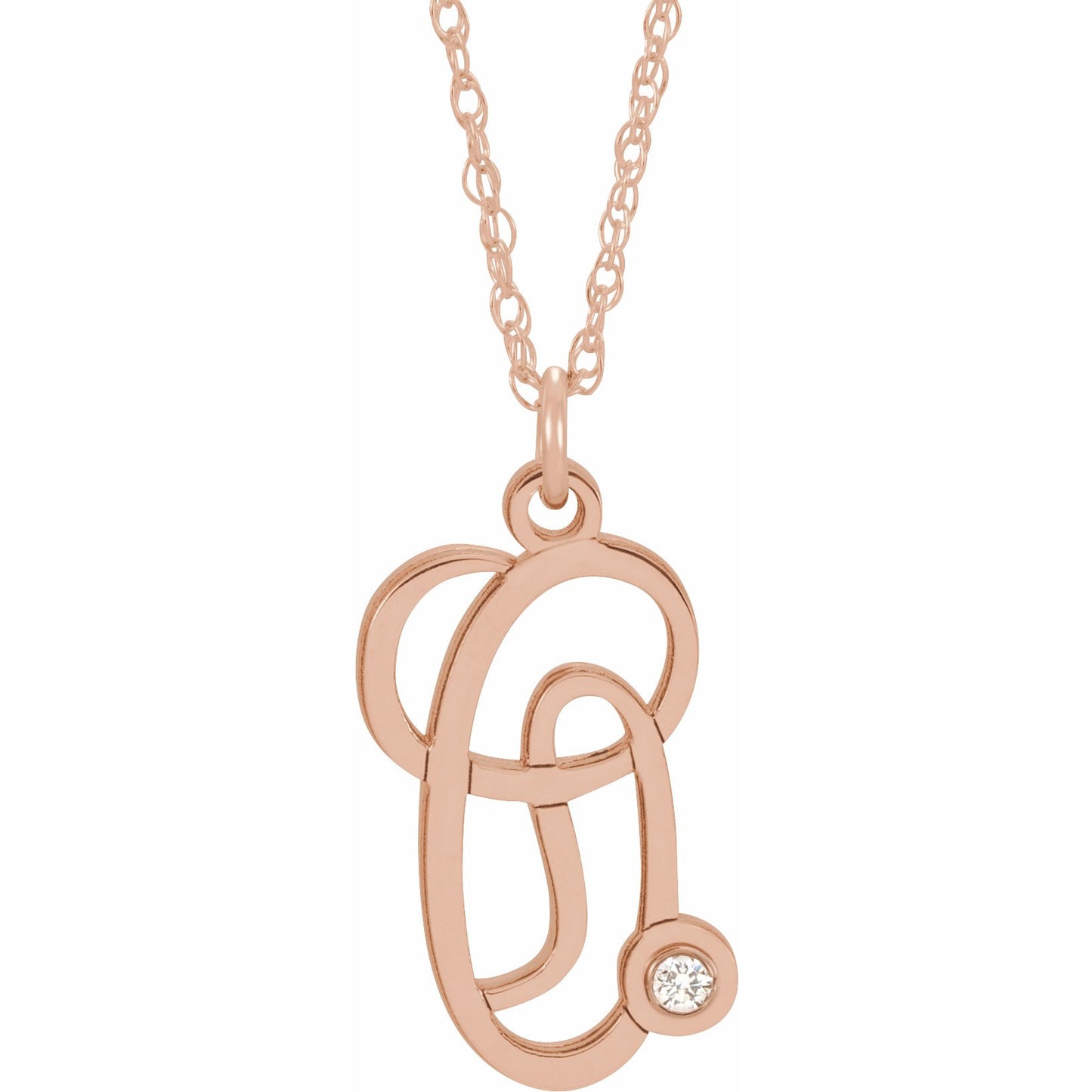 14K Rose .02 CT Diamond Script Initial O 16-18 Necklace