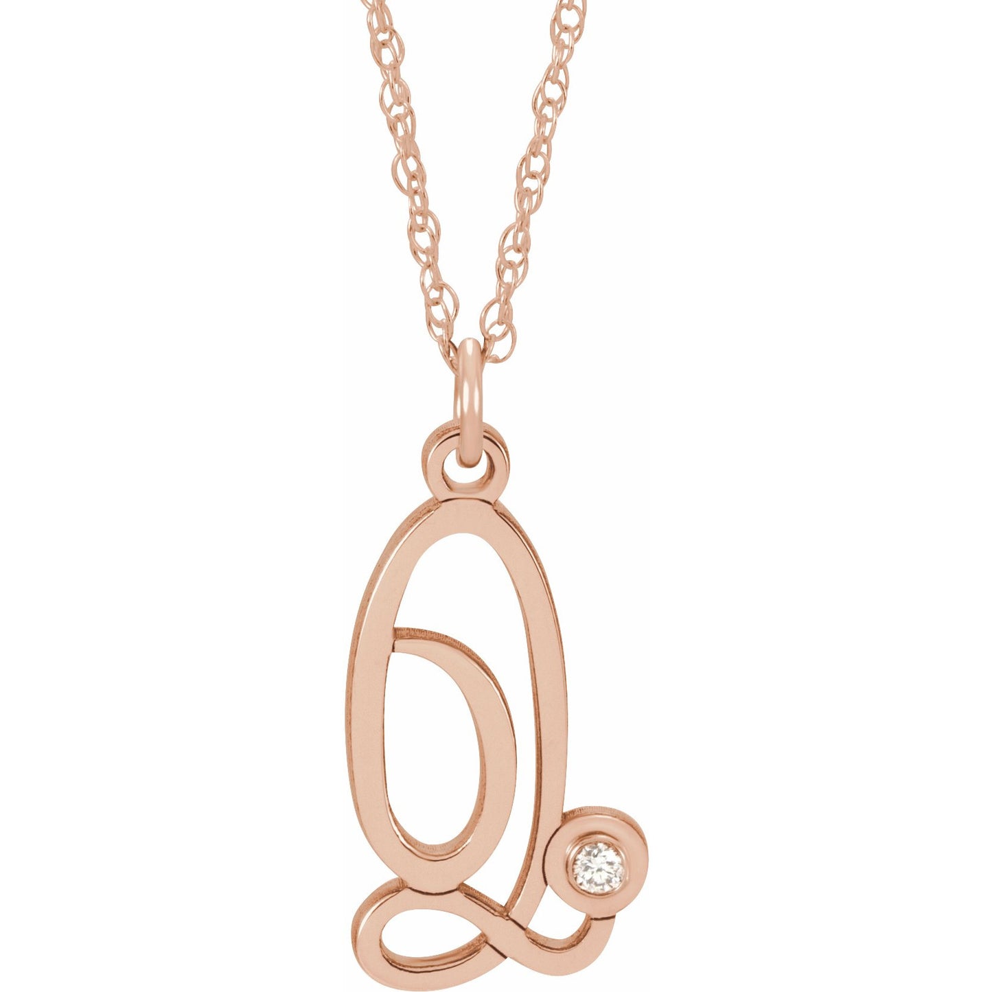 14K Rose .02 CT Diamond Script Initial Q 16-18 Necklace