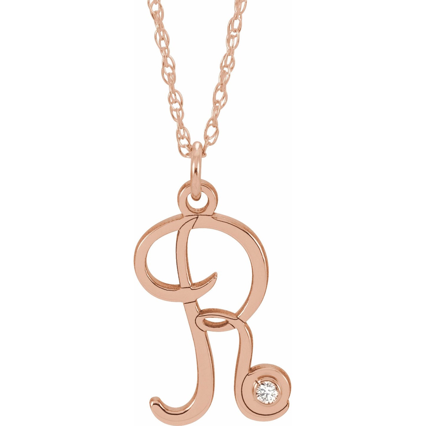 14K Rose .02 CT Diamond Script Initial R 16-18 Necklace