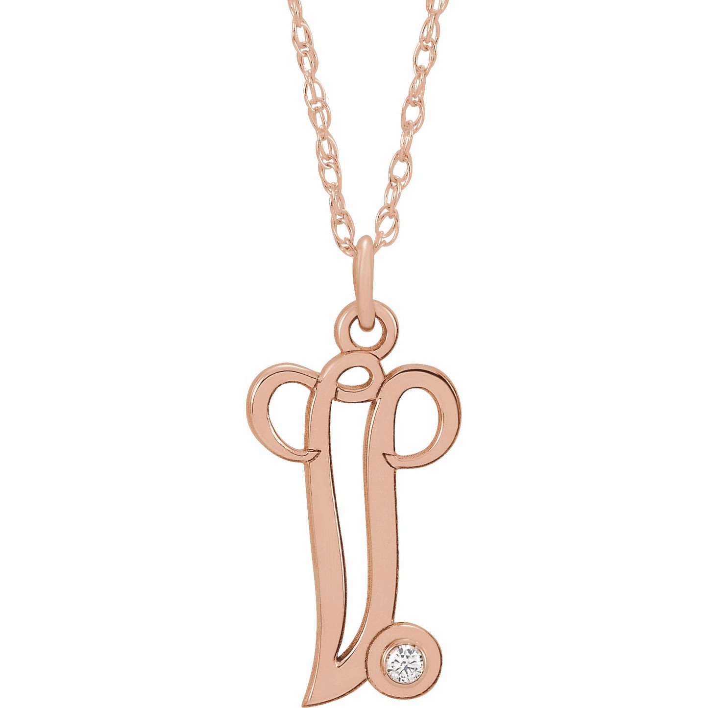 14K Rose .02 CT Diamond Script Initial V 16-18 Necklace