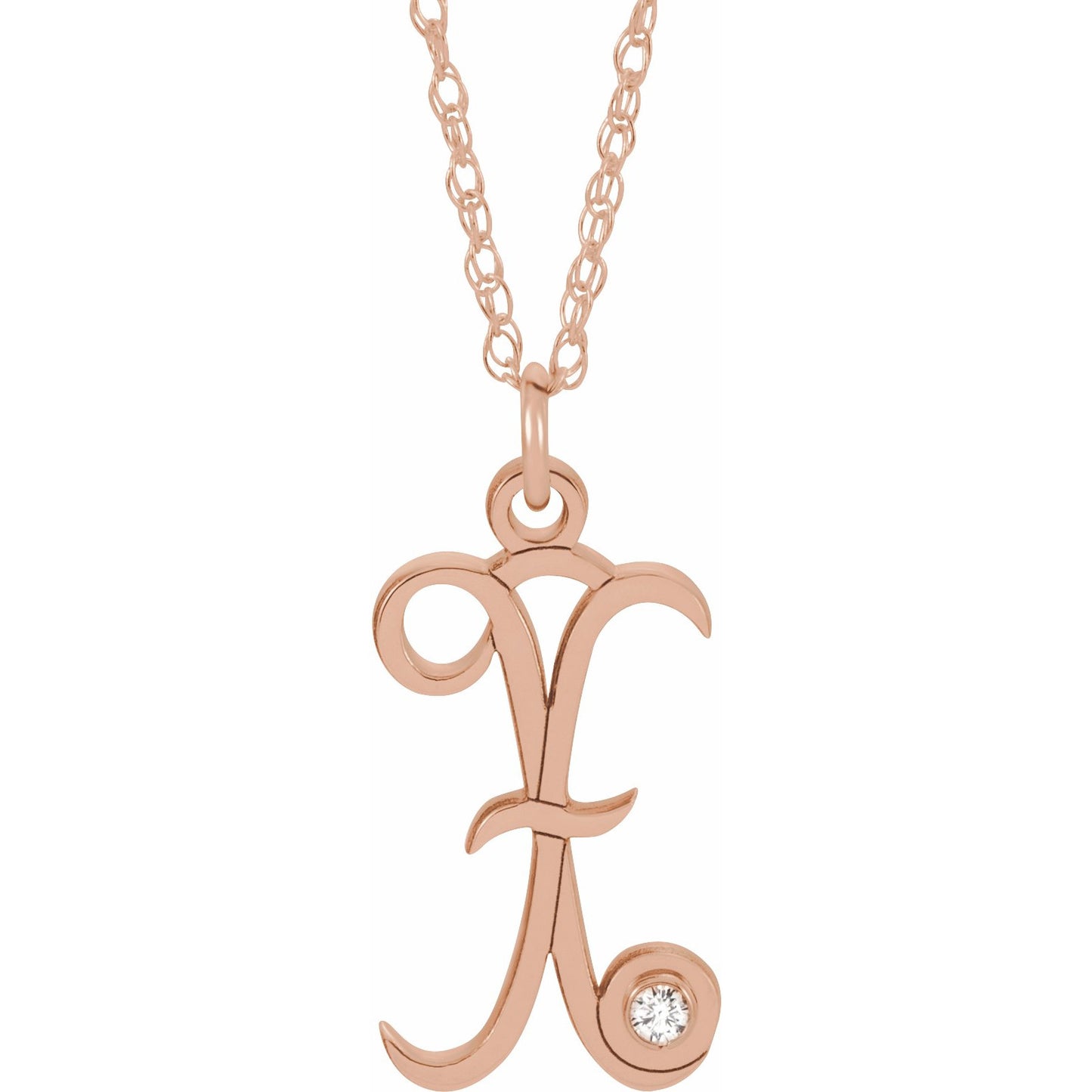 14K Rose .02 CT Diamond Script Initial X 16-18 Necklace