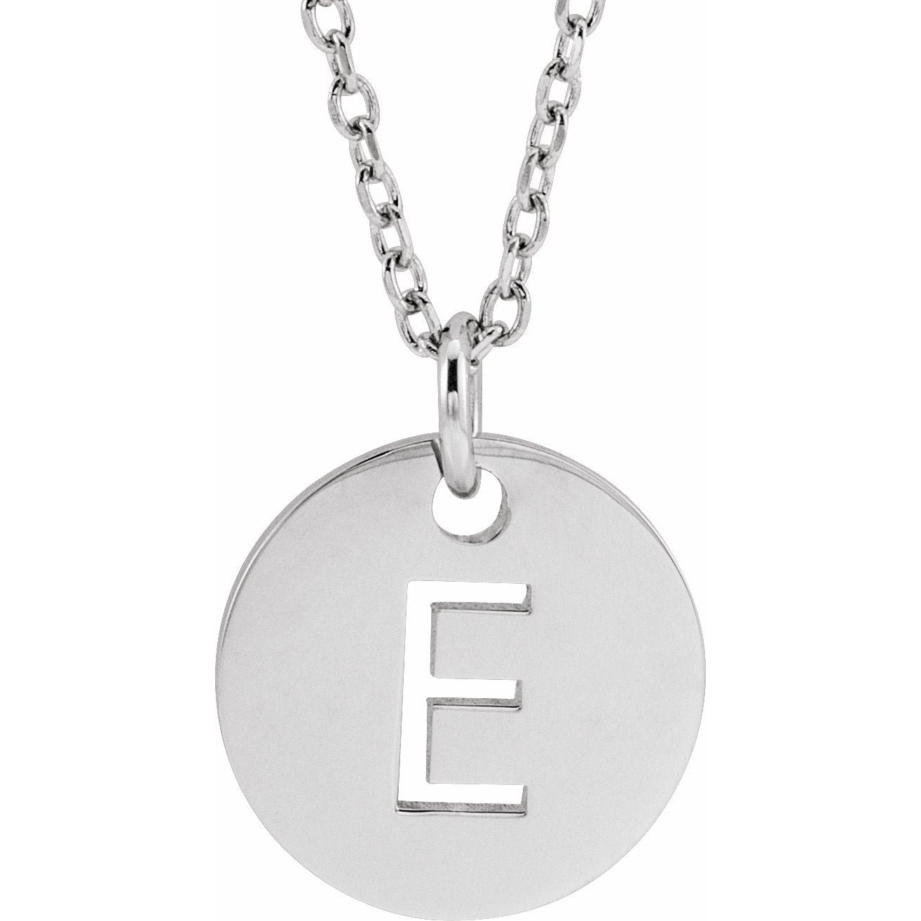14K White Initial E 10 mm Disc 16-18 Necklace