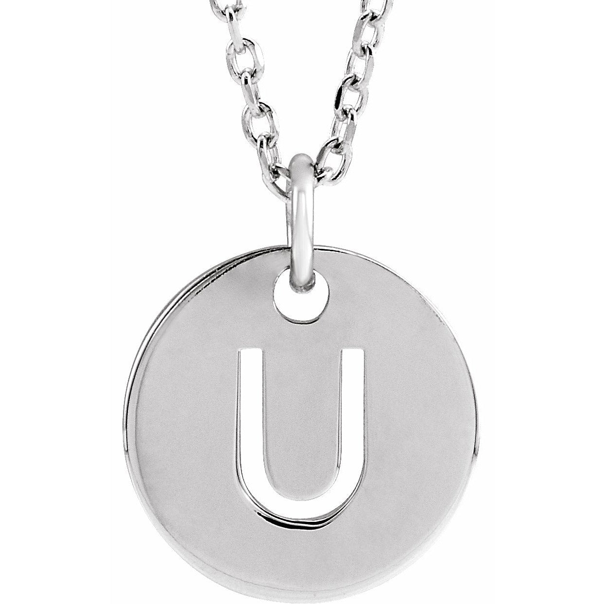 14K White Initial U 10 mm Disc 16-18 Necklace