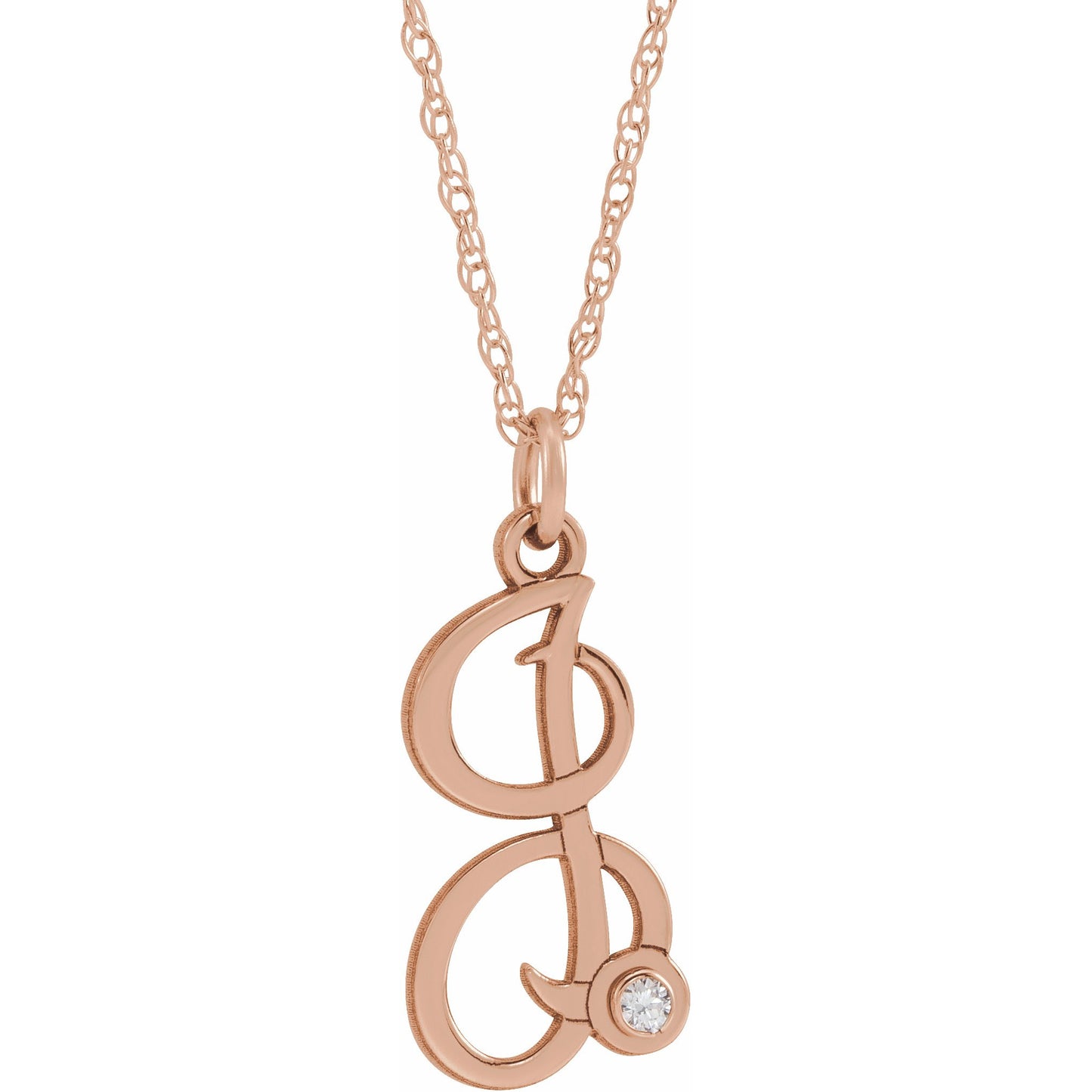 14K Rose .02 CT Diamond Script Initial I 16-18 Necklace