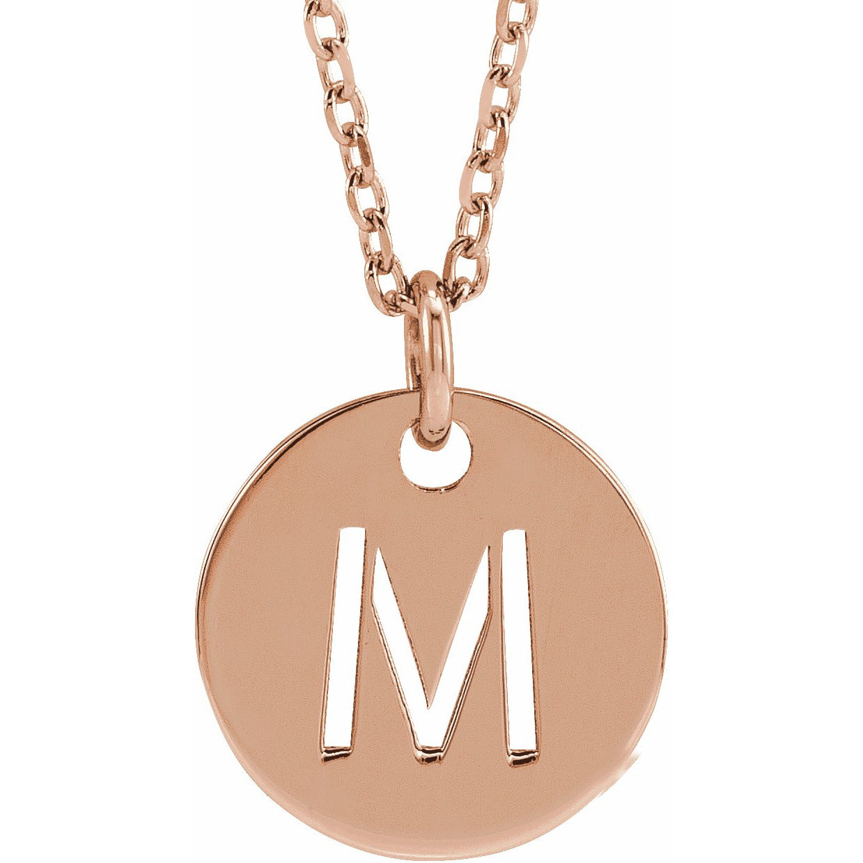 14K Rose Initial M 10 mm Disc 16-18 Necklace