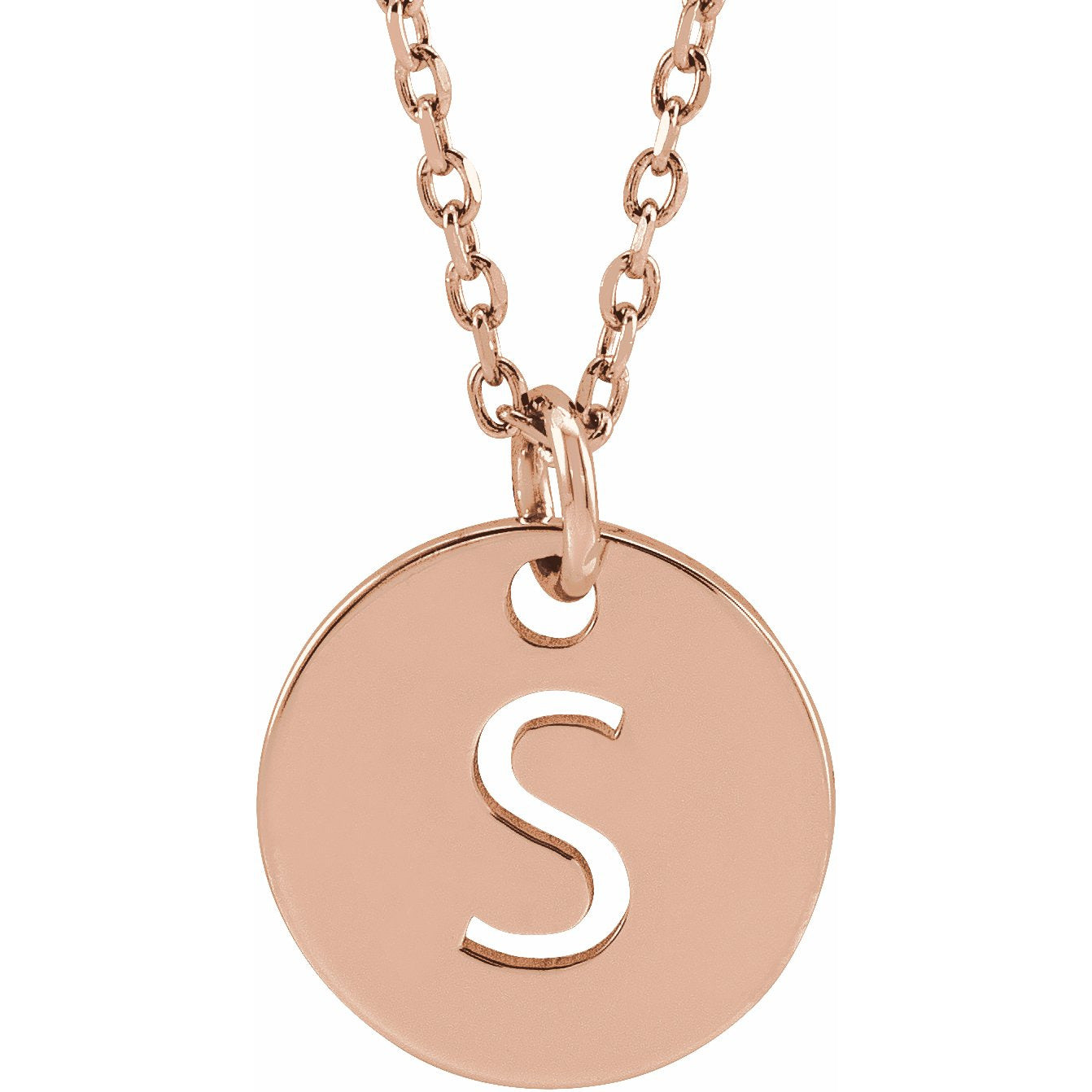 14K Rose Initial S 10 mm Disc 16-18 Necklace