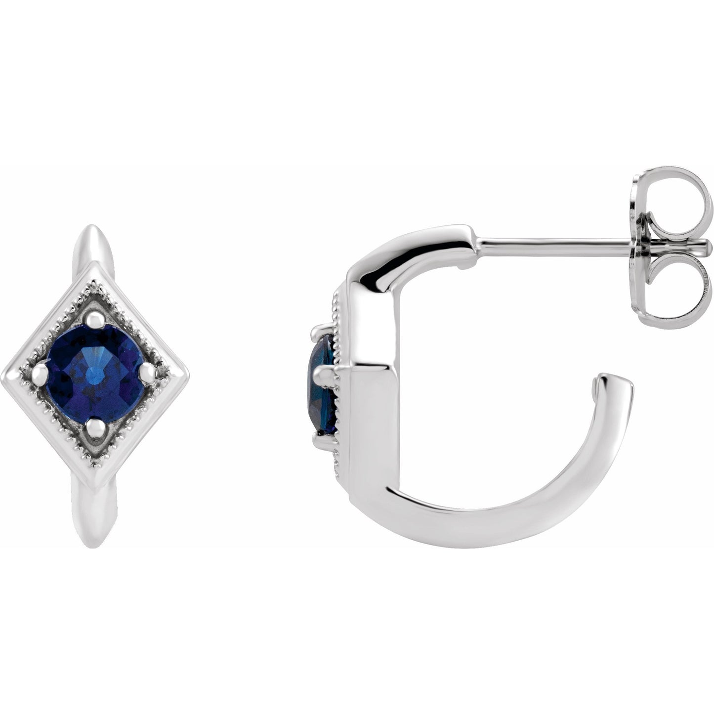 14K White Blue Sapphire Geometric Hoop Earrings