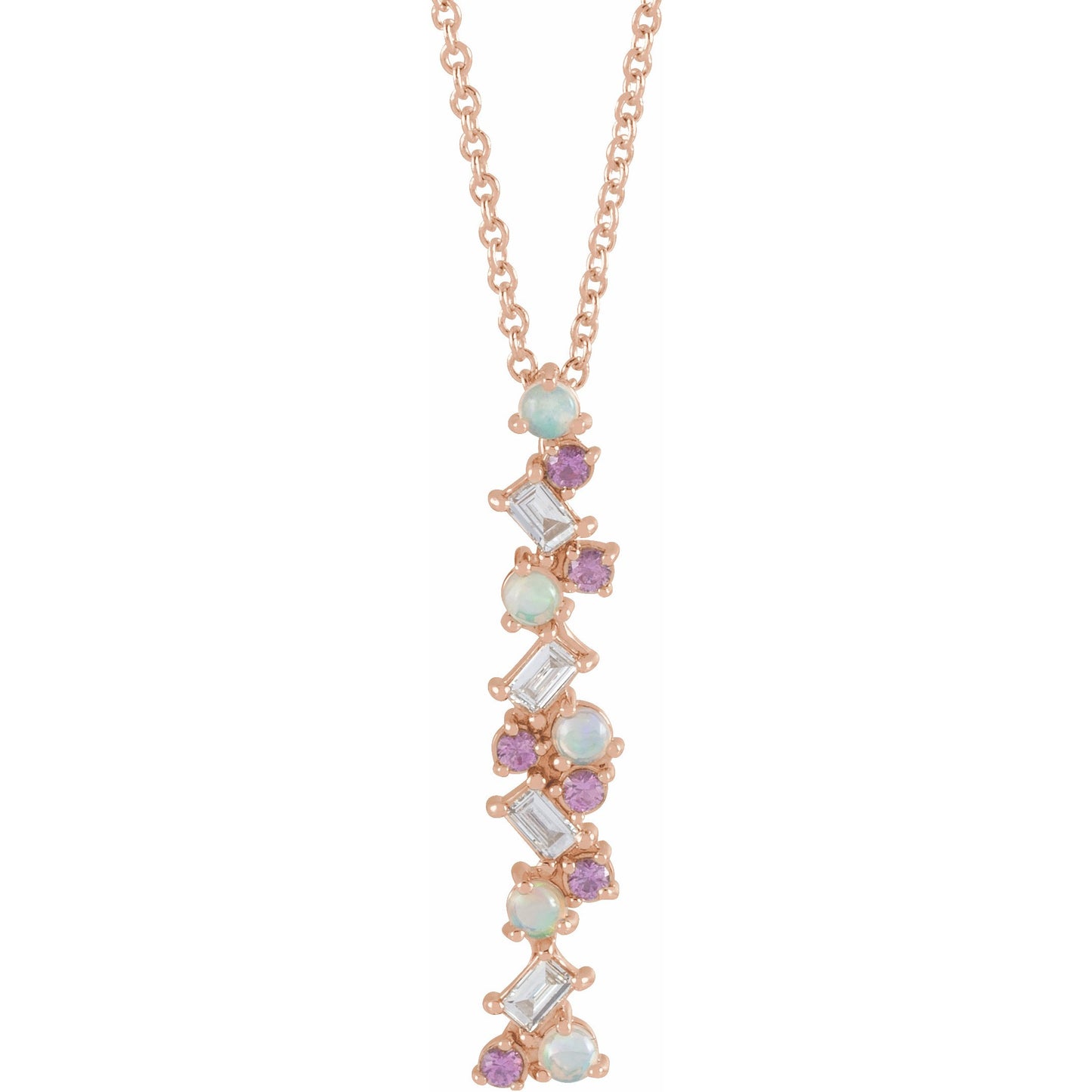 14K Rose Ethiopian Opals, Pink Sapphires & 1/8 CTW Diamond Scattered Bar 16-18 Necklace