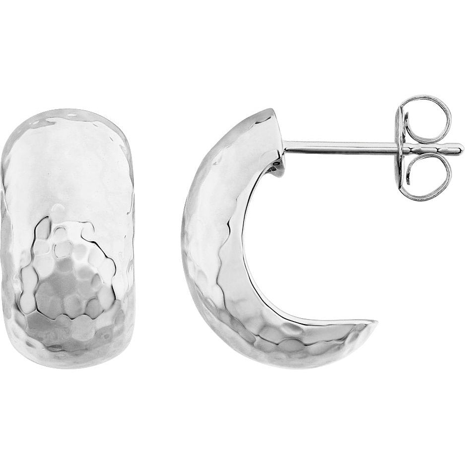 14K White 15.2x7.9 mm Hammered J-Hoop Earrings
