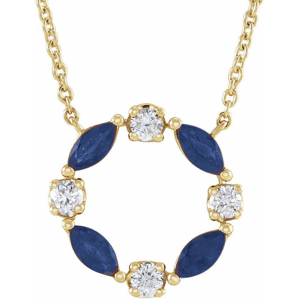 14K Yellow Blue Sapphire & 1/10 CTW Diamond Circle 18 Necklace