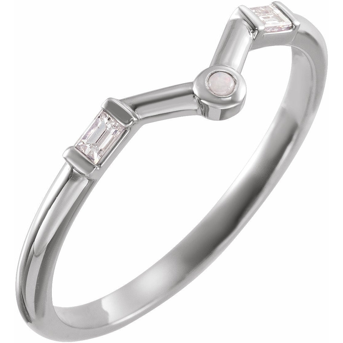 14K White Opal & .08 CTW Diamond V Ring