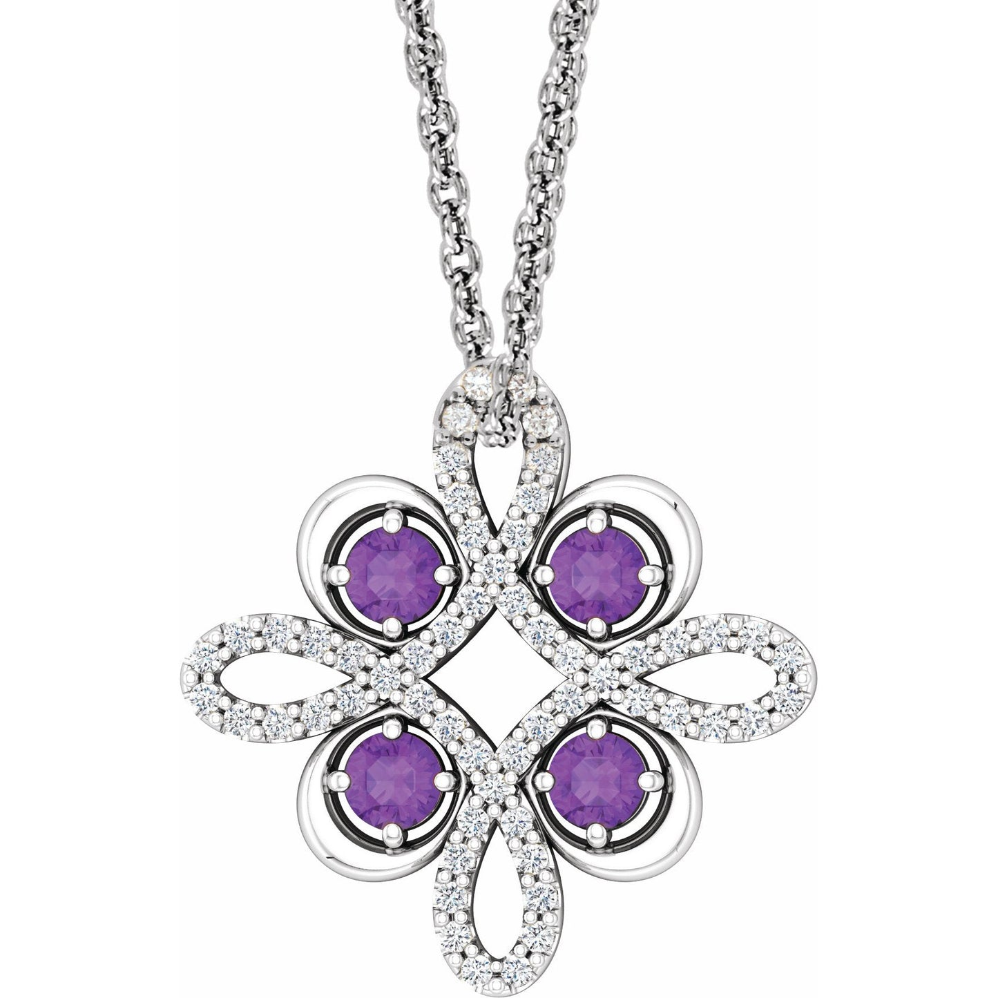 14K White Amethyst & 1/6 CTW Diamond Clover 18 Necklace
