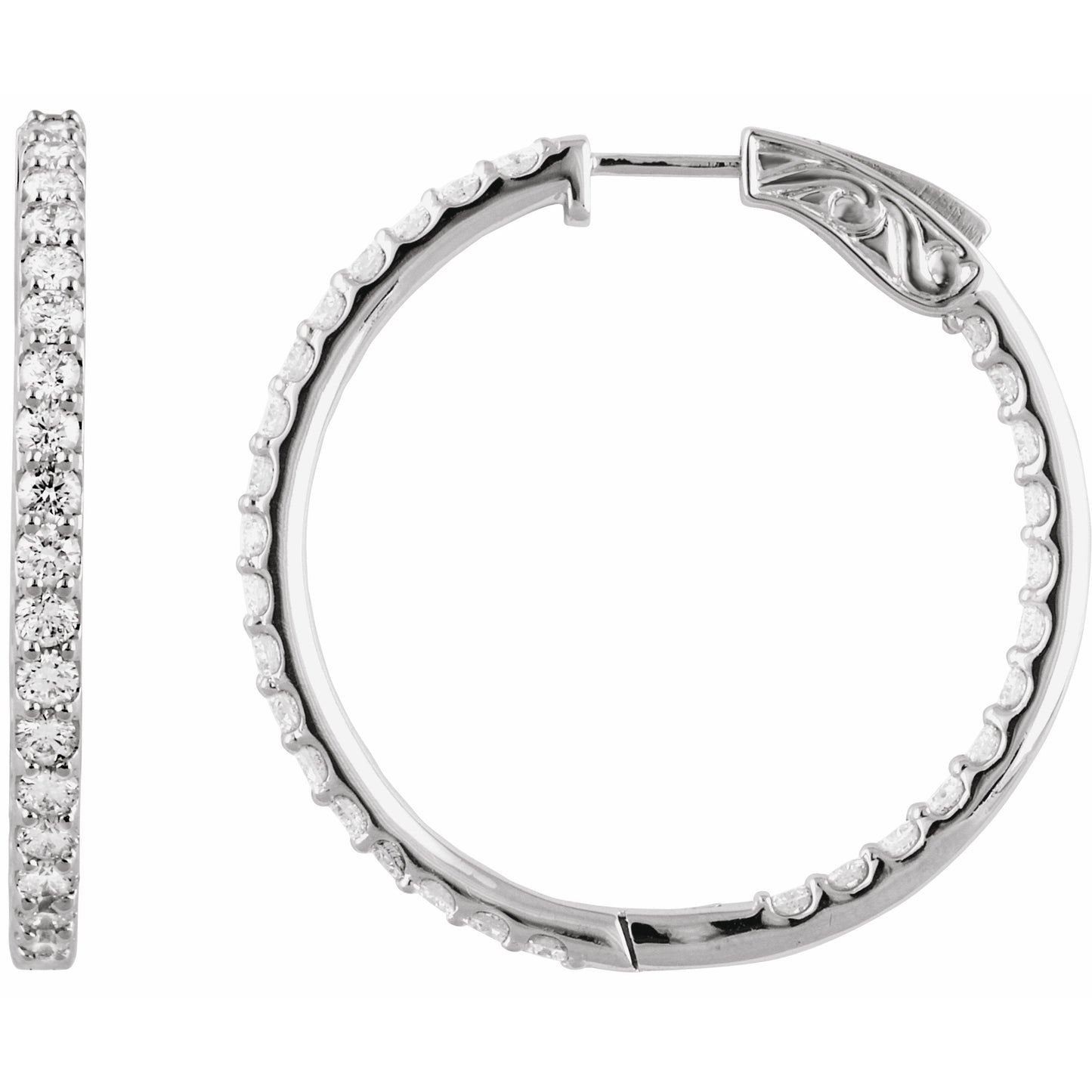 14K White 3 CTW Diamond Inside-Outside 34.5 mm Hoop Earrings