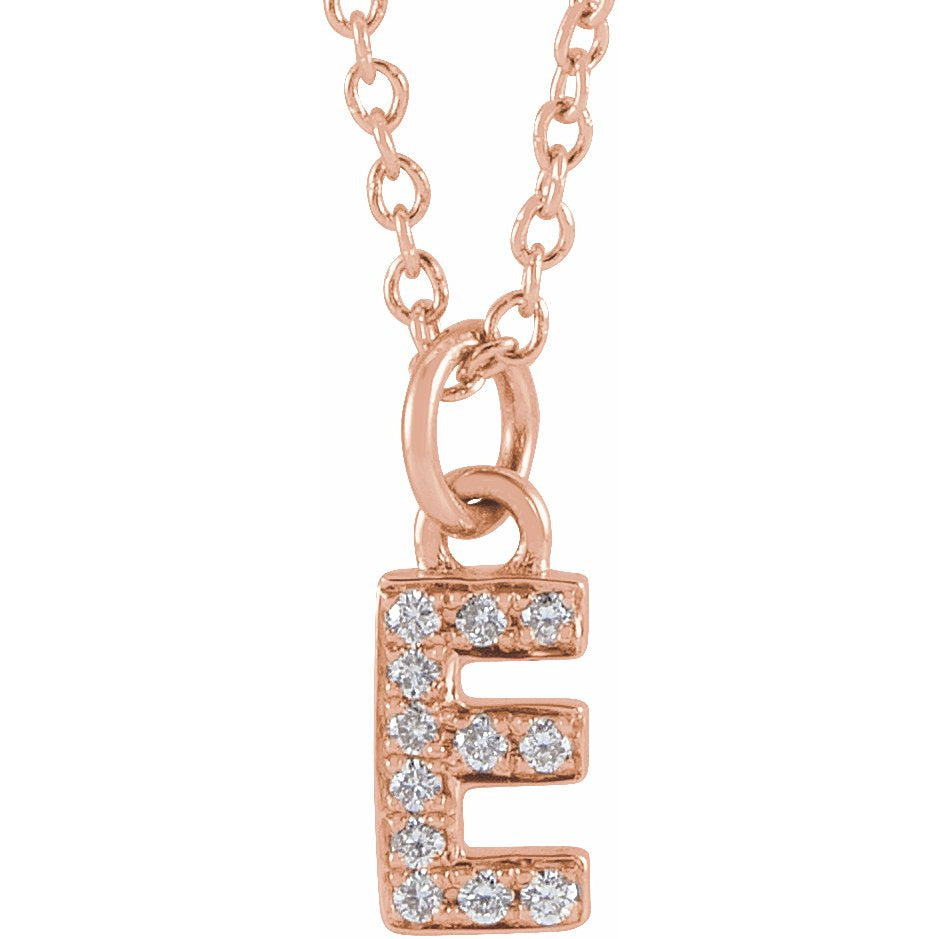 14K Rose .04 CTW Diamond Petite Initial E 16-18 Necklace
