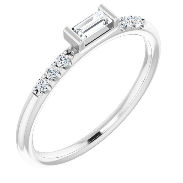 14K White 4x2 mm Straight Baguette Forever Oneu2122 Moissanite & 1/10 CTW Diamond Ring