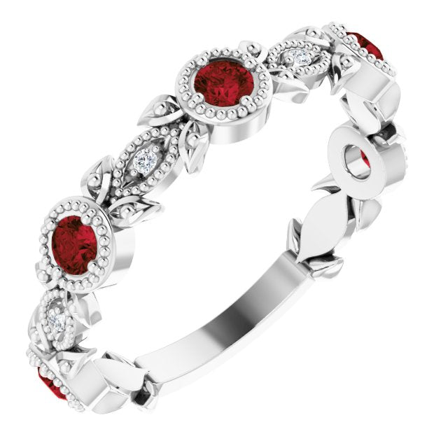 14K White Mozambique Garnet & .03 CTW Diamond Leaf Ring