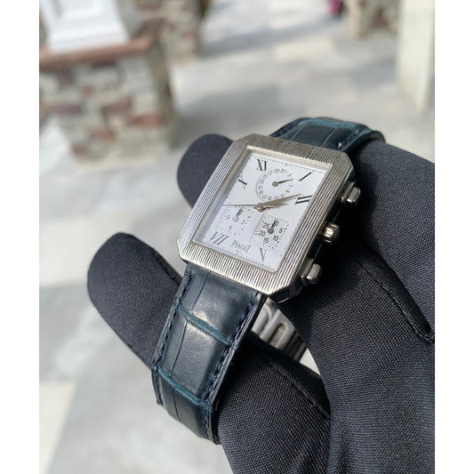 Pre-owned Piaget Tank Chrono 18k White Gold Blue Strap