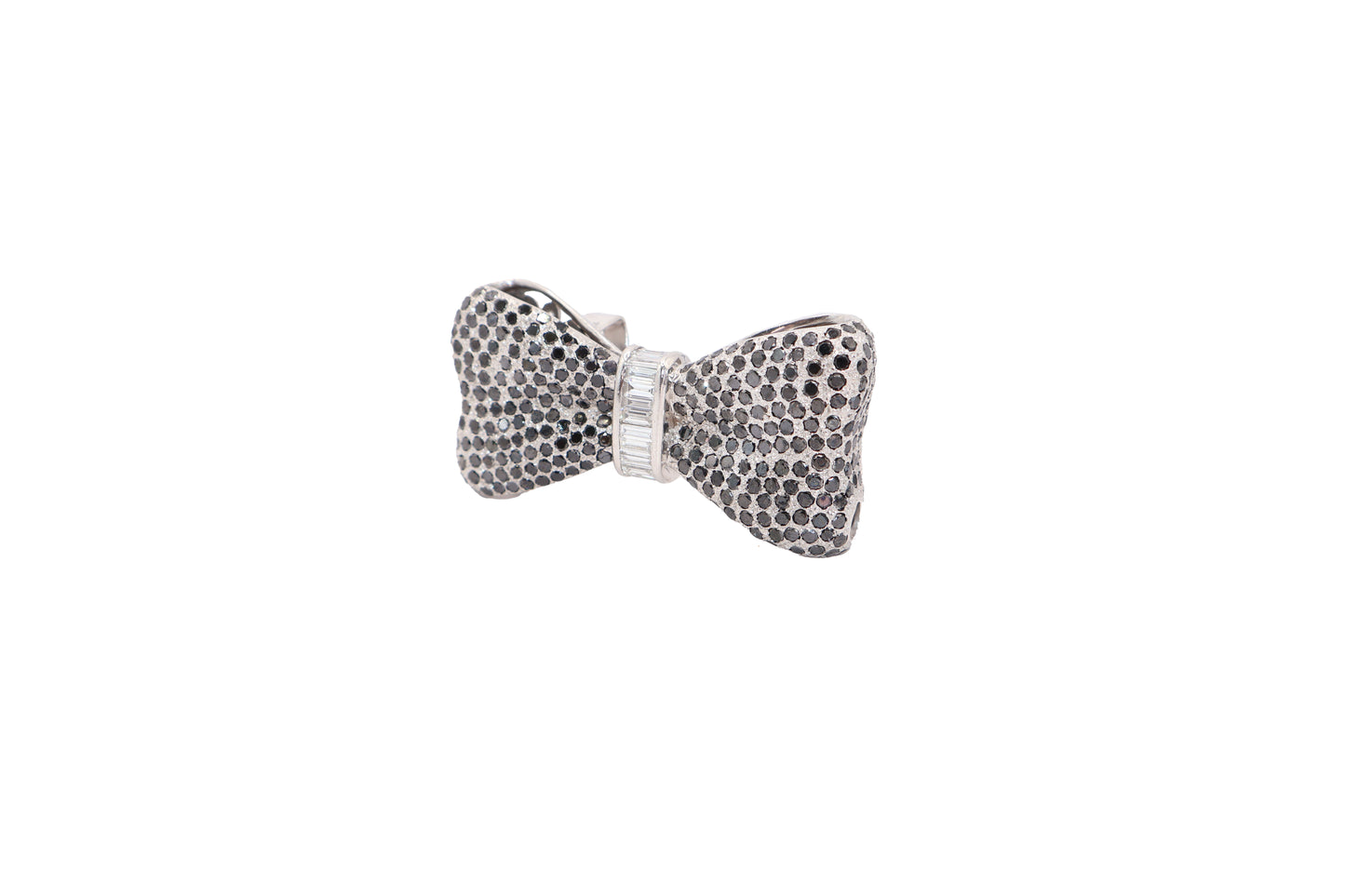 18kt White Gold Bow Tie Brooch with Black Diamonds and Baguette Accents