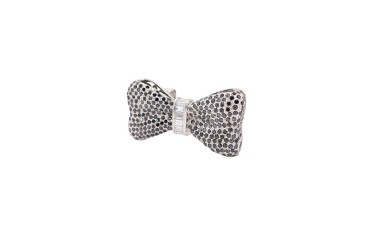 18kt White Gold Bow Tie Brooch with Black Diamonds and Baguette Accents