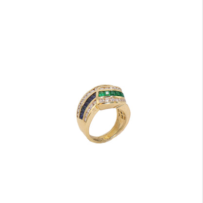 18K Yellow gold ring Emeralds, Blue Sapphires and Diamonds