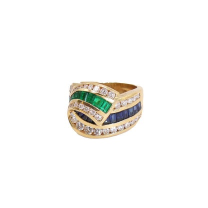 18K Yellow gold ring Emeralds, Blue Sapphires and Diamonds