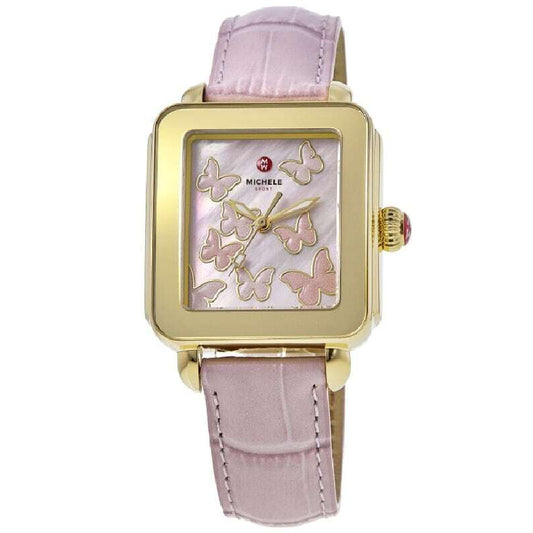 Michele Deco Sport Pink Dial Leather Strap Ladies Watch