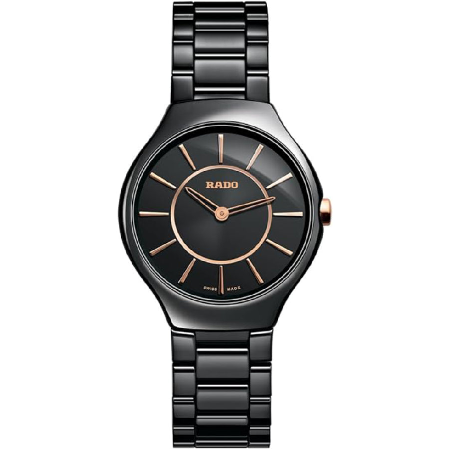 Rado True Thin line Black Dial Ceramic Quartz Ladies Watch