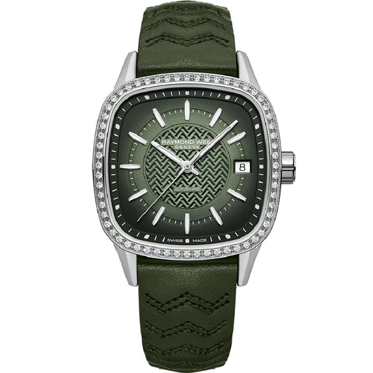 Raymond Weil Freelancer Ladies Green Dial Leather Watch, 34.5 x 34.5 mm