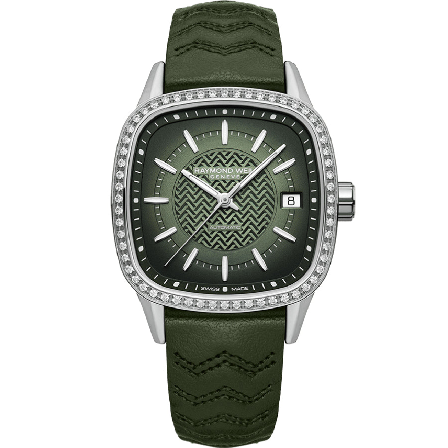 Raymond Weil Freelancer Ladies Green Dial Leather Watch, 34.5 x 34.5 mm