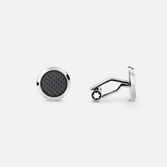 MONTBLANC ROUND CUFFLINKS IN STAINLESS STEEL WITH CARBON-PATTERNED INLAY