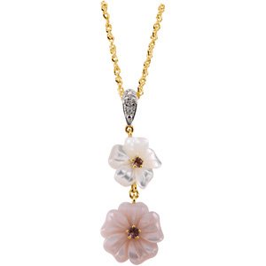 14K Yellow Pink Tourmaline, Mother of Pearl & .005 CTW Diamond Flower 18 Necklace