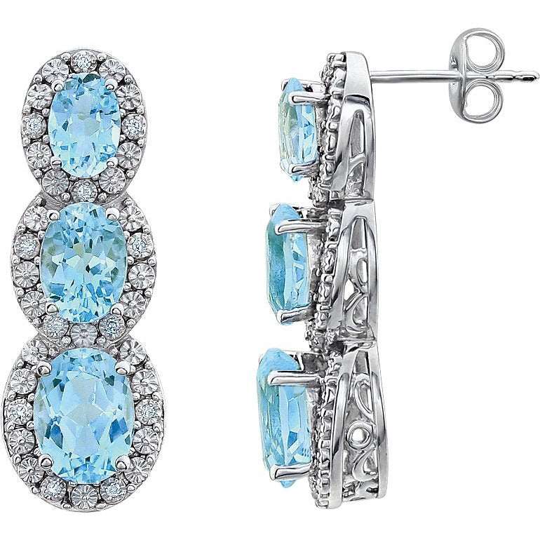 14K White Sky Blue Topaz & .07 CTW Diamond 3-Stone Earrings