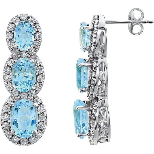14K White Sky Blue Topaz & .07 CTW Diamond 3-Stone Earrings