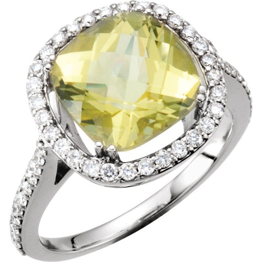 14K White 1/2 CTW Diamond & 10x10 mm Lemon Quartz Ring