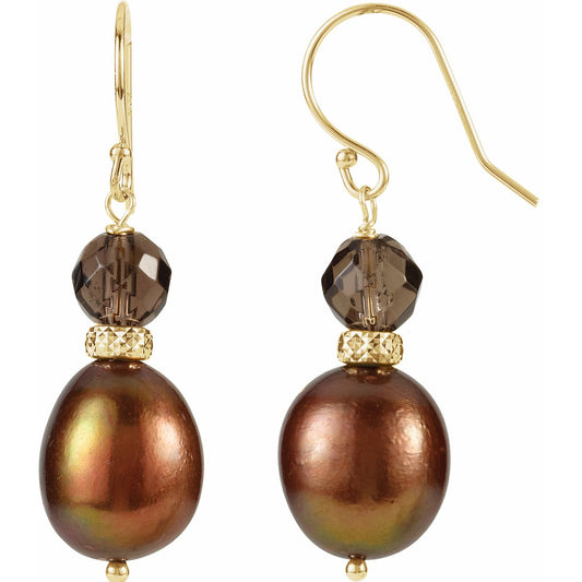 14K Yellow Freshwater Cultured Pearl & Smoky Quartz Earrings