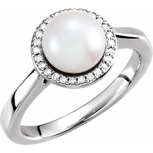 14K White Freshwater Cultured Pearl & .07 CTW Diamond Halo-Style Ring