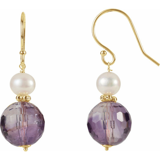 14K Yellow Amethyst & Freshwater Cultured Pearl Earrings
