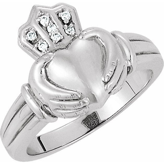 14K White Men's .03 CTW Diamond Claddagh Ring