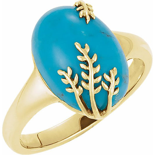 14K Yellow 14 x 10 mm Chinese Turquoise Leaf Design Ring