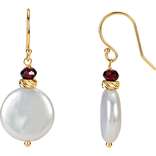 14K Yellow Freshwater Cultured Coin Pearl & Rhodolite Garnet Earrings