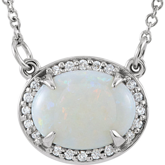 14K White Opal & .05 CTW Diamond Halo-Style 16 1/2 Necklace